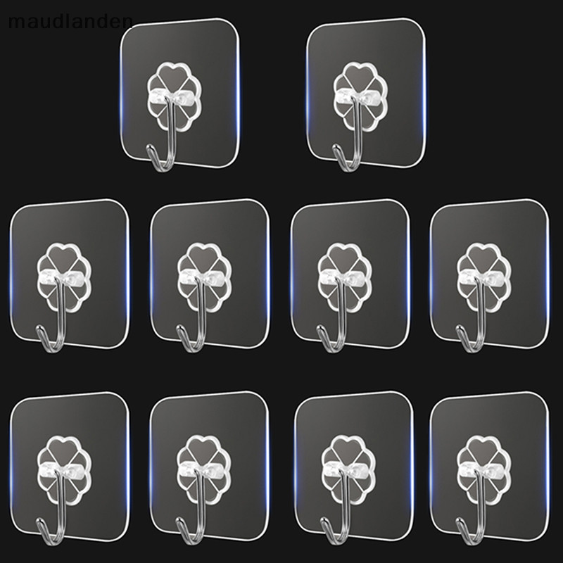 Ma 10PCS สแตนเลสโปร่งใส Strong Self Adhesive Hooks Key แขวนสําหรับห้องครัวห้องน้ําประตู Wall Multi-Function TH