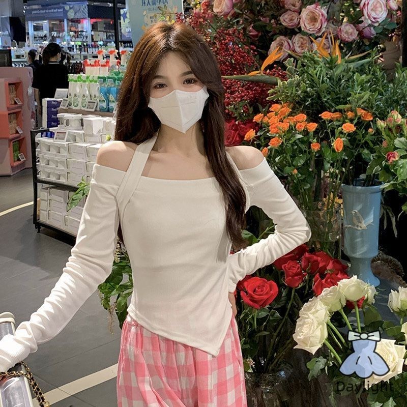 เสื้อยืดแขนยาวคอแขวนปิดไหล่ผู้หญิงเสื้อชั้นในนักเรียนสั้น DL