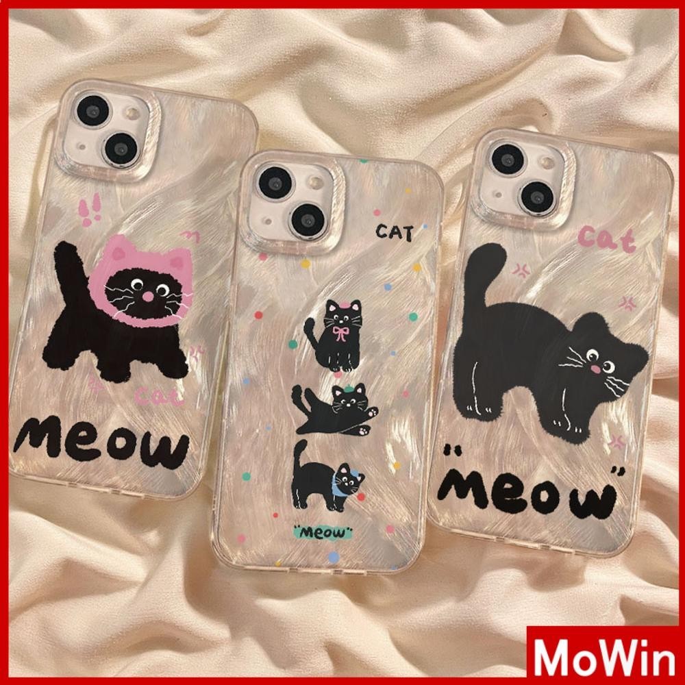 Mowin - สำหรับ iPhone 11 15 PRO MAX เคส iPhone ขนนกสีเงินหรูหราโฮโลแกรมเลเซอร์เคสใส Soft TPU แมวดำกับหมวกสีชมพู เข้ากันได้กับ iPhone 14 13 PRO MAX 12 PRO MAX 11 XR
