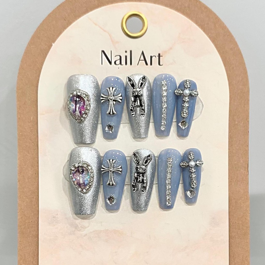 HANDMADEArtificial Nail Y2K Saturn West Queen Crow Heart Rabbit Medium Trapezoid ชุดเล็บปลอมพร้อมกาวนํากลับมาใช้ใหม่และถอดกดบนเล็บ