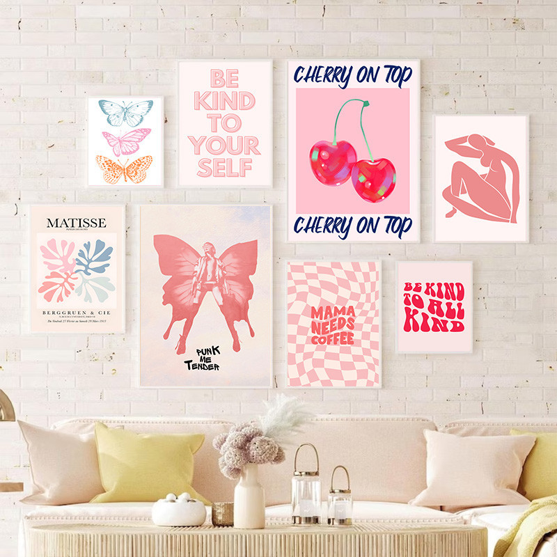 สีชมพูสี Girly โปสเตอร์น่ารักผีเสื้อ Cherry Tiger Trend Gallery ภาพวาดผ้าใบห้องนอนตกแต่งบ้าน Frameless Wall Art