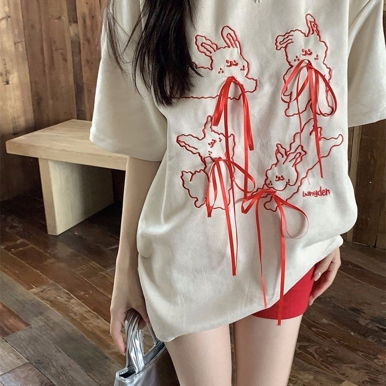 ฤดูร้อนออกแบบย้อนยุคอเมริกันกระต่ายพิมพ์เสื้อยืดหลวมคอกลมแขนสั้นยอดนิยมโบว์หวานด้านบน