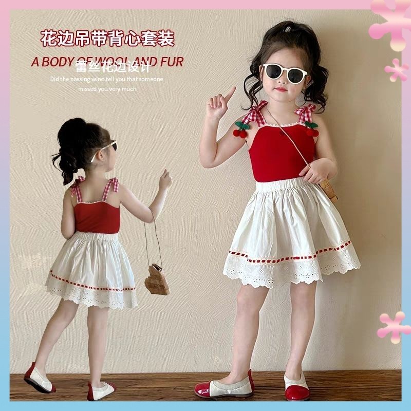 Girl's Strap Skirt Suit Summer Clothing2024New Korean Fashion Children's Vest Lace Two-Piece Overskirt Suit Summer