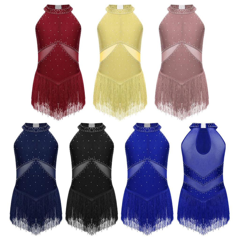 Yeahdor เด็กผู้หญิง Glittery Rhinestones Keyhole กลับ Fringed Leotard สําหรับเต้นรํารูปสเก็ตประสิทธิภาพ