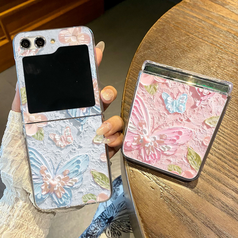 Samsung Z Flip 6 Z Flip3 Z Flip4 Z Flip 5 บรรเทาภาพวาดสีน้ํามันผีเสื้อ 2-in-1 เคสโทรศัพท์แบบพับได้