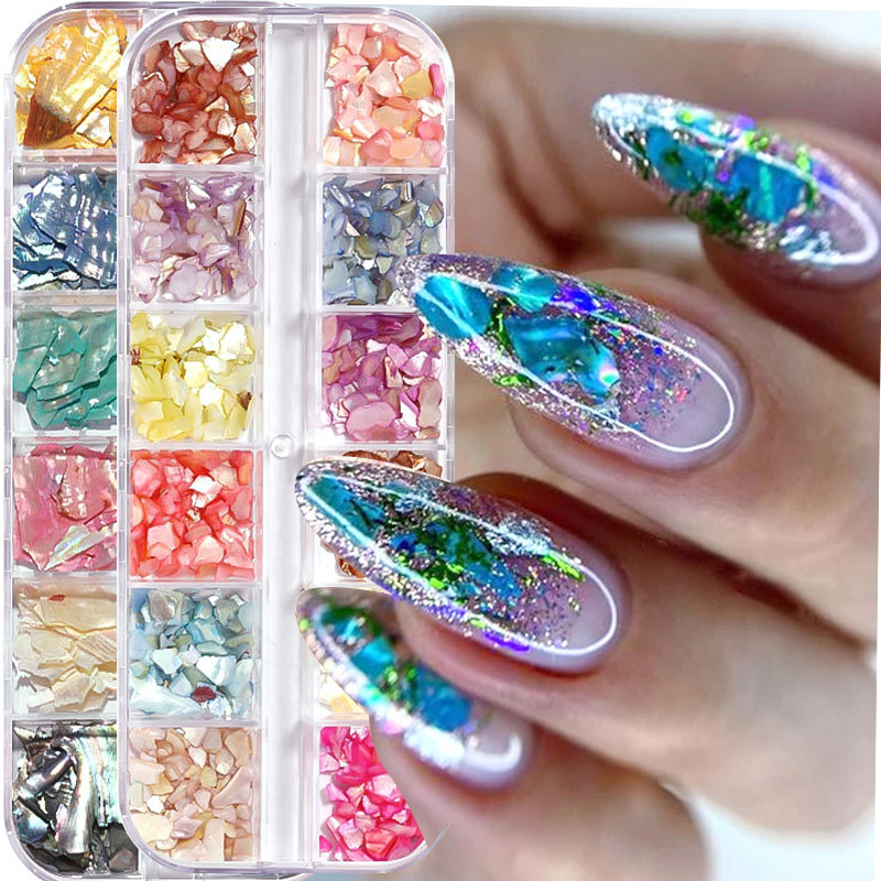 12grids Shell Thin Flakes ใช้สําหรับเล็บ DIY Art 3D อุปกรณ์ตกแต่งเล็บ Accessorie