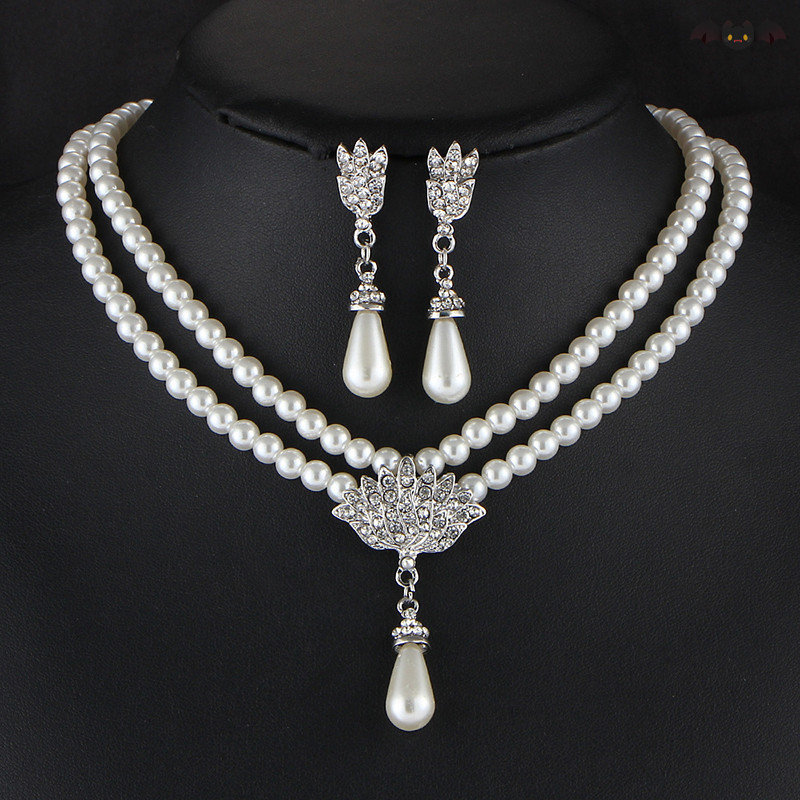 [PE] Elegant จําลอง-Pearl ชุดเครื่องประดับเจ้าสาว Rhinestone Pearl Drop สร้อยคอ + ต่างหูเครื่องประดับงานแต่งงานของขวัญ TH