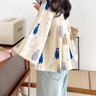 🧡Crush🧡เสื้อเชิ้ต แขนเจ็ดส่วน สไตล์สบาย ๆ หลวม ๆ พิมพ์น่ารัก แฟชั่นเวอร์ชั่นเกาหลี