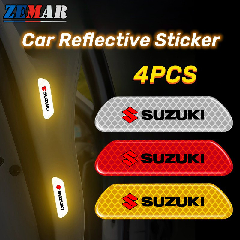 4 ชิ้น Suzuki รถประตูสติกเกอร์สะท้อนแสง Scratch สติกเกอร์ป้องกันความปลอดภัยคําเตือนรถสติกเกอร์ Bright Luminous At Night สําหรับ for Suzuki Jimny Swift Ertiga Celerio XI7 Ciaz