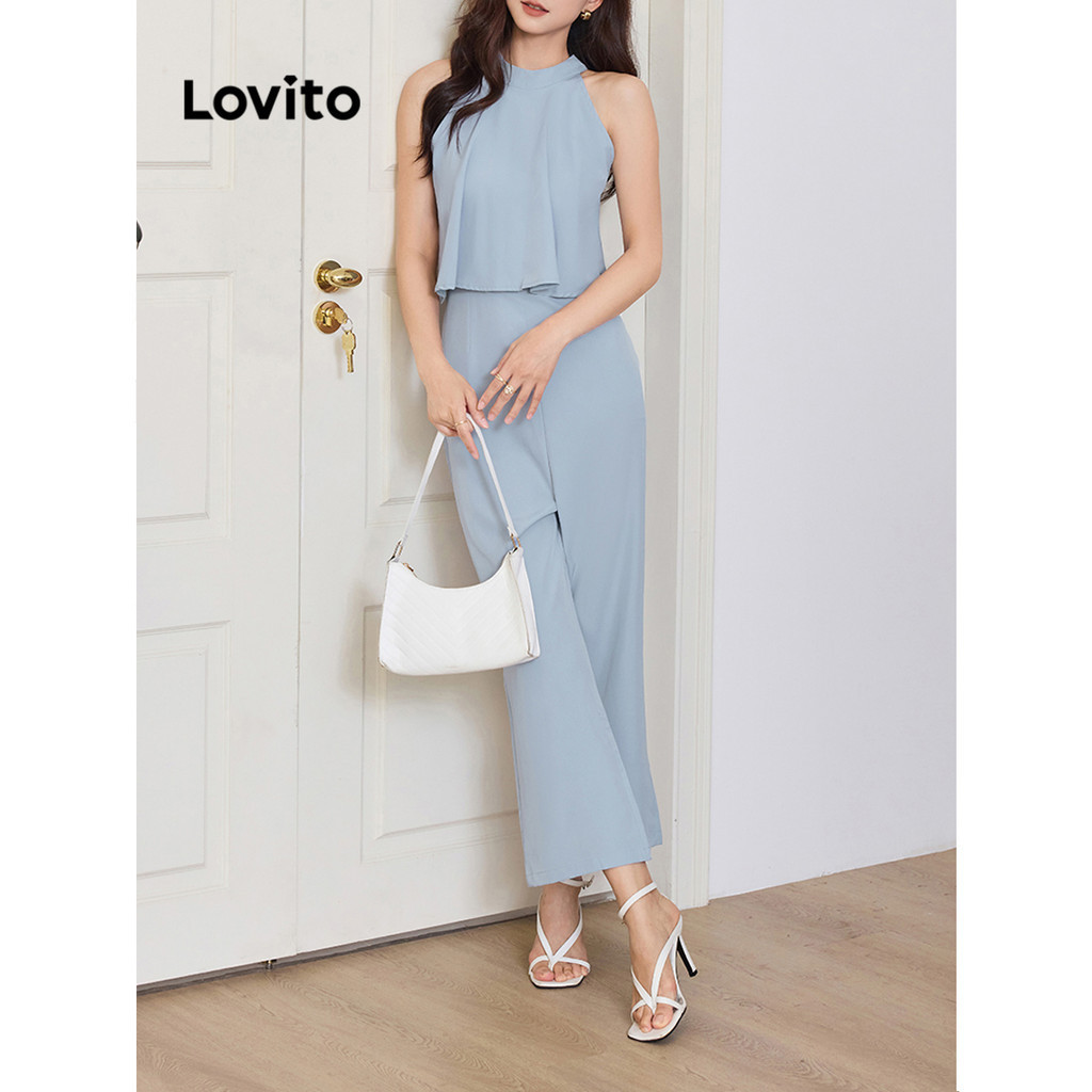 Lovito ชุดเซ็ทกางเกง แขนกุด ชายระบาย สีพื้น สไตล์หรูหรา L91AD061