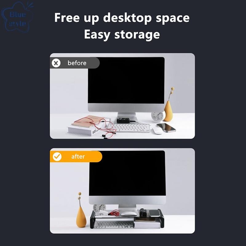 Bluestyle คอมพิวเตอร์เดสก์ท็อป Monitor Glass Stand Bracket พร้อม USB Type-C HUB PC หน้าจอ Riser ผู้ถือเครื่องพิมพ์เก็บคีย์บอร์ดเมาส์ใหม่