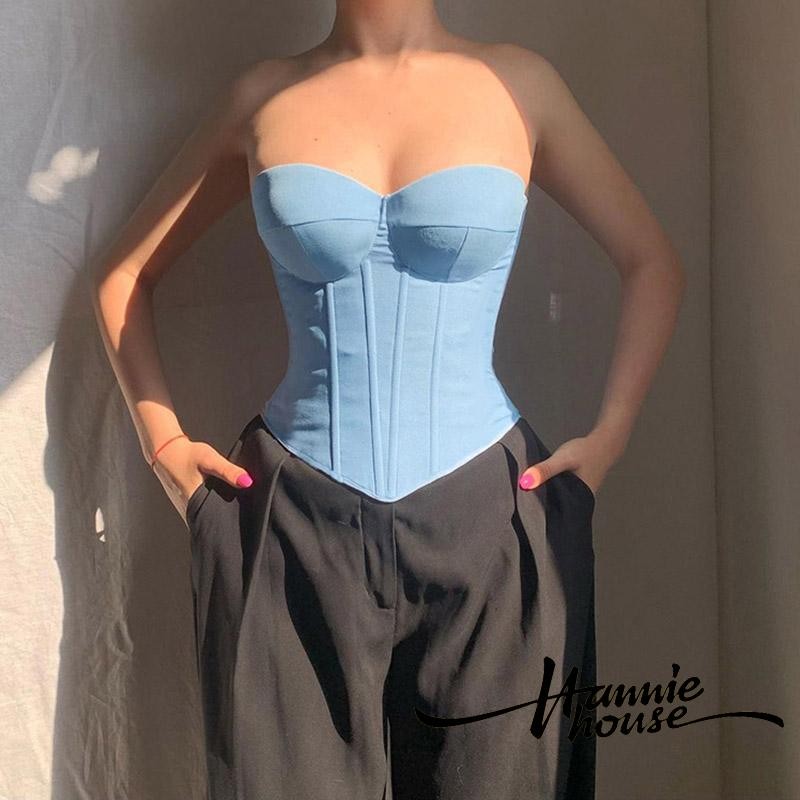 Hannie House- ผู้หญิงสีทึบ Fishbone Cushion Bustier Backless Tube Tops