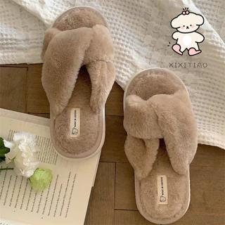 Xixtiao รองเท้าแตะผ้าฝ้ายแฟชั่น PPR Simple Cross สีทึบ One-word หญิงฤดูใบไม้ร่วงฤดูหนาว Leisure บ้านในร่ม Warm Plush