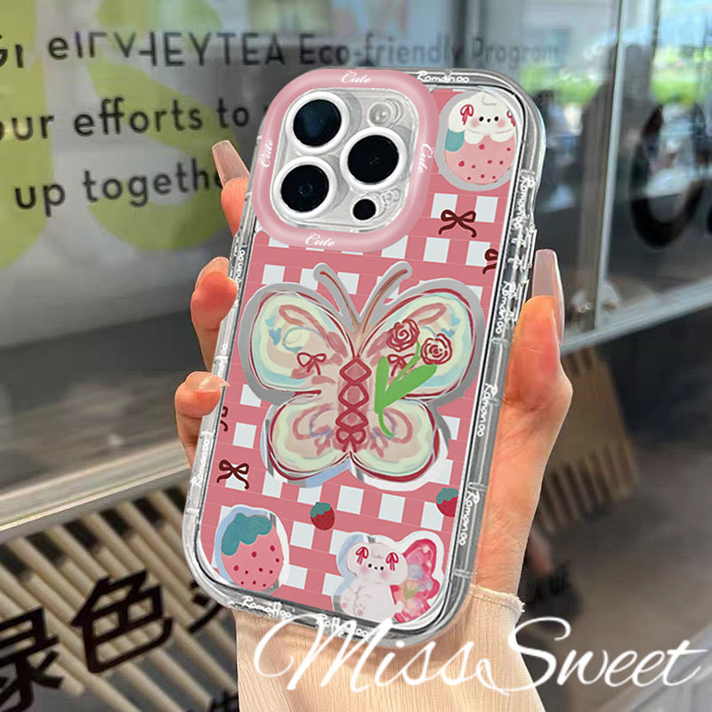 SAMSUNG Insสไตล์กระจกสําหรับsamsung A21S A20s A35 A03 A15 A24 A25 A30 A31 A33 A51 A03s A04 S A05s A11 A12 A13 A14 ผีเสื้อสีชมพูรูปแบบป้องกันการล่มสลาย + เคสโทรศัพท์ + เชือกเส้นเล็ก