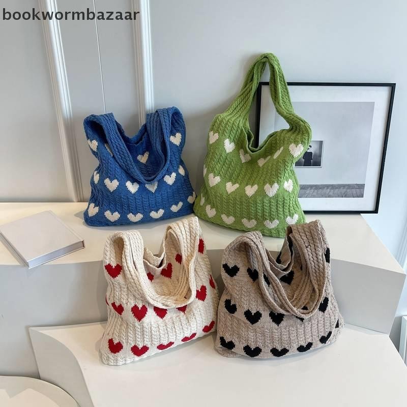 [BOK] Love Heart Graphic ถัก Tote Bag แฟชั่นทอกระเป๋าสะพายความงามโครเชต์กระเป๋าสําหรับผู้หญิง [TH]
