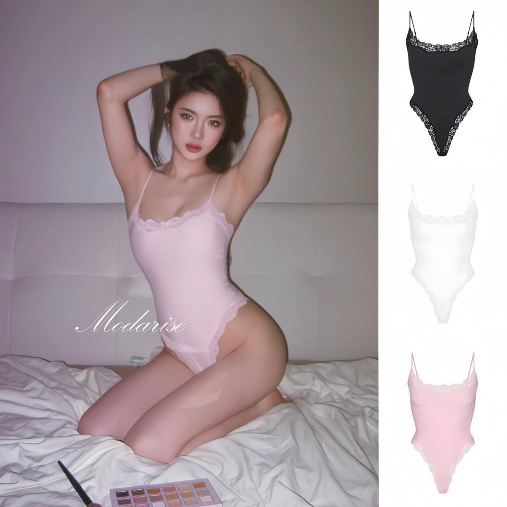 Modarise🌟บอดี้สูทตัวพอดีตัวบุคคลปะตัวสีพื้นโครเช่ ชุดบอดี้สูท ลูกไม้ สีพื้น