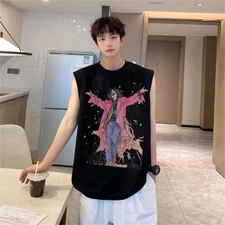 เสื้อแขนกุดผู้ชาย สกรีนลายเท่ๆ สีขาว สีดำ OP