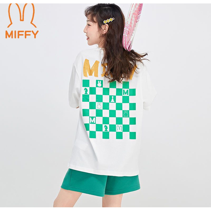 100% พร้อมสต็อกผ้าฝ้าย 100% MIFFY MIFFY Checkerboard เสื้อยืดสไตล์ใหม่ลําลอง