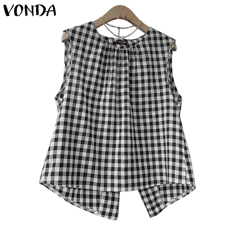 Vonda Women Korean Girlish Casual Crew Neck Back Slit Checkered Tanks