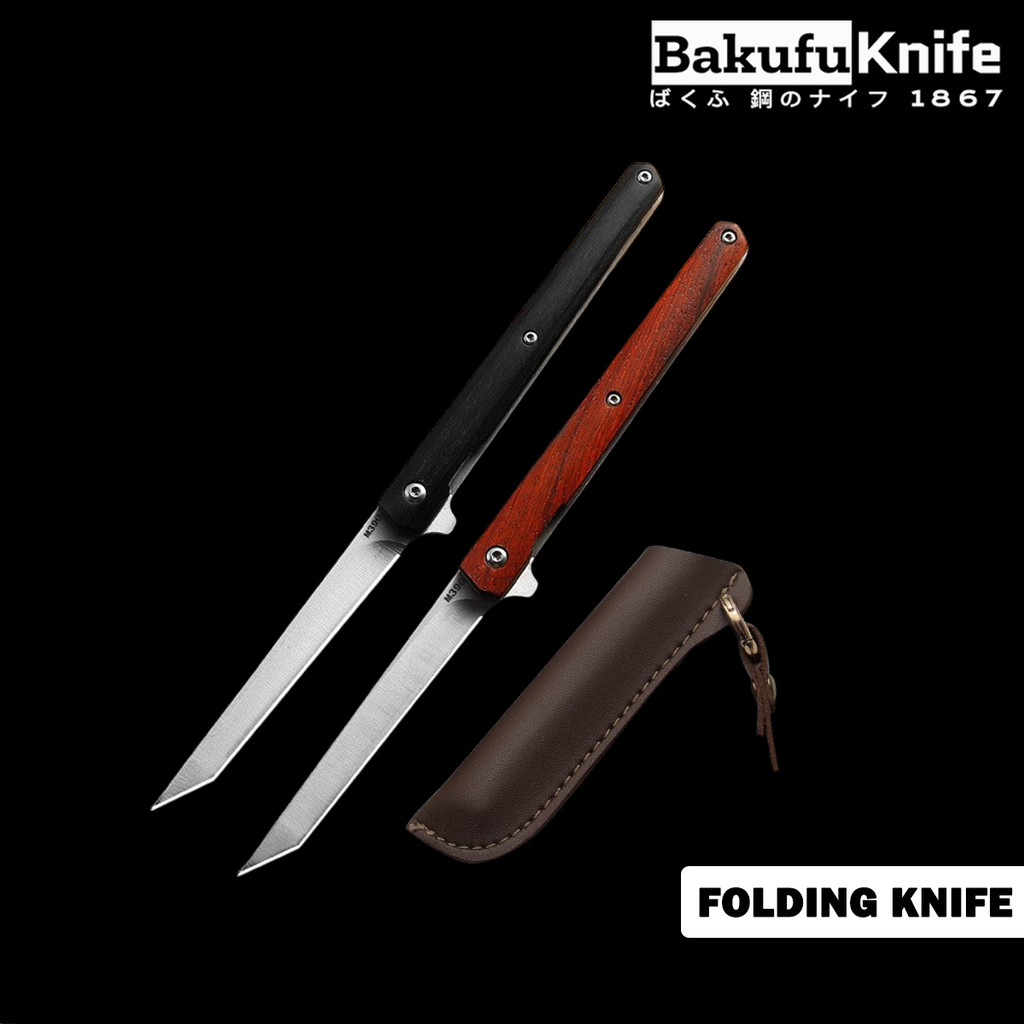 BAKUFU มีดอเนกประสงค์ M390 พร้อมซองหนัง PU ด้ามไม้แท้ ปอกผลไม้ ทำอาหาร