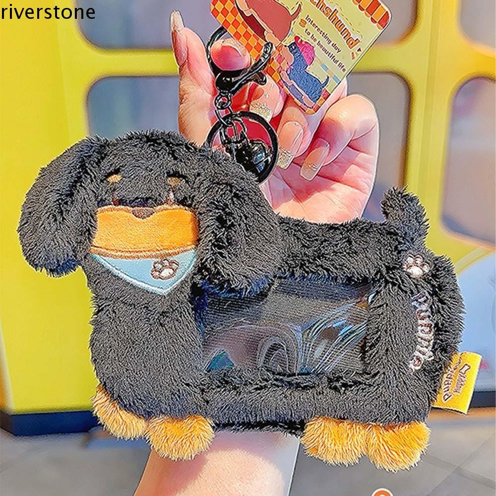 Riverstone Dachshunds Card Cover, PP Cotton Dust Sausage Dog Card Holder, Cute Doll Bell PVC Plush Photo Protective Case Girl