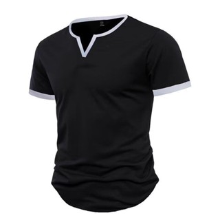 Echo Ridge เสื้อยืดแขนสั้นผู้ชายกีฬาคอวีสีทึบเนื้อลายยืดบางแ…