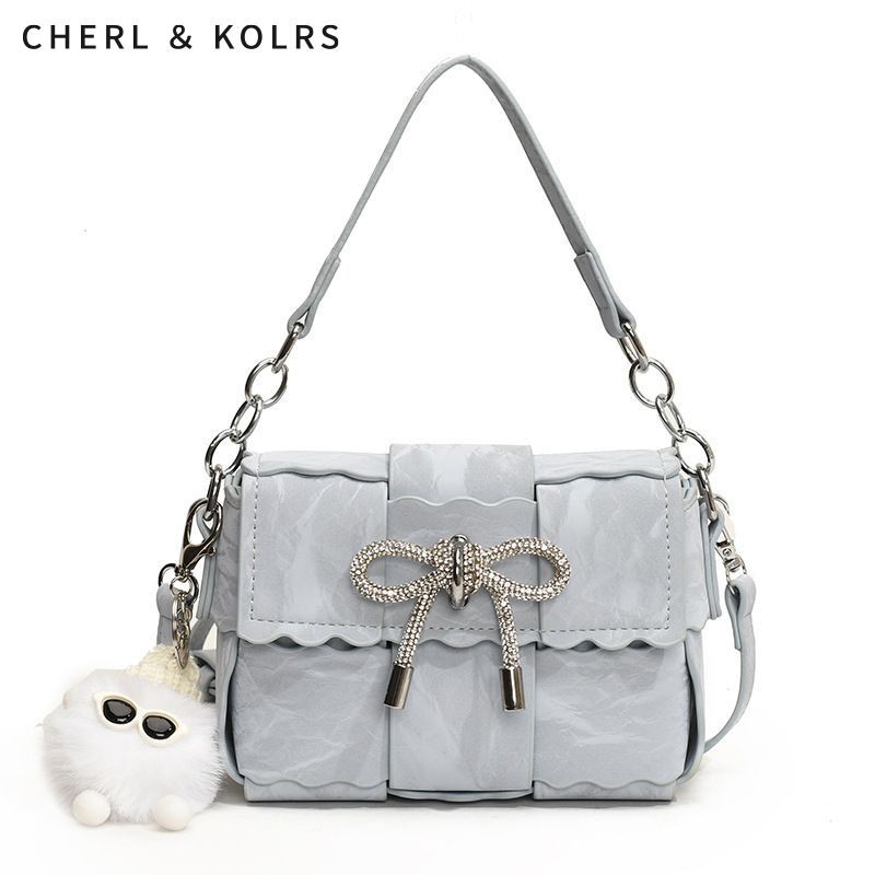 C&k Urban Chic กระเป๋าสะพายข้างหนัง PU พร้อมโบว์ Rhinestone และเครื่องรางปุย