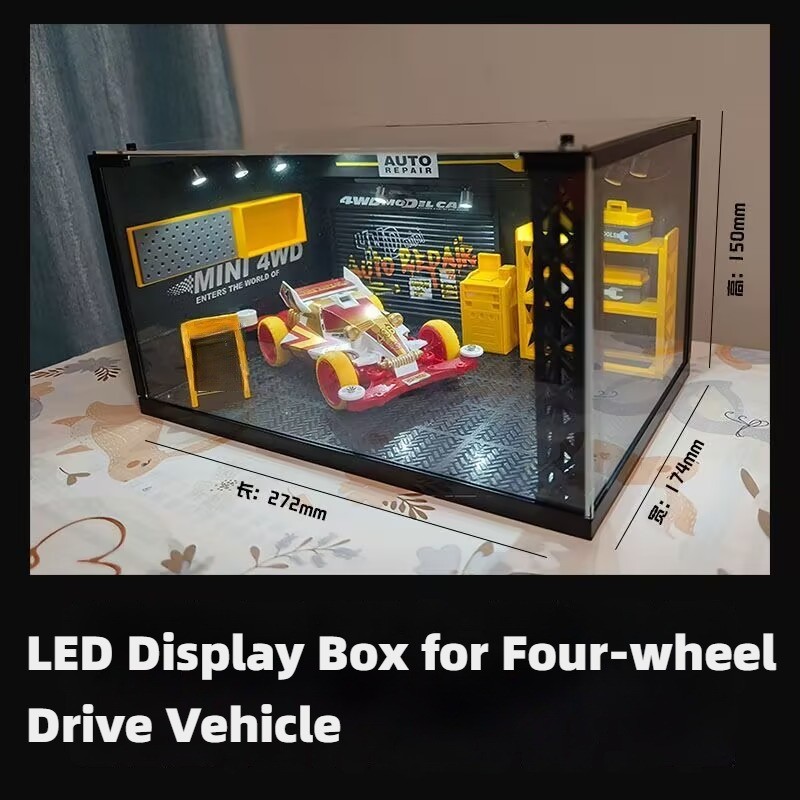 โมเดลรถ 4WD พร้อมไฟ ฉากสะสม แสดงฝาครอบกันฝุ่นอะคริลิก ตกแต่ง กล่องเก็บรวมไฟในตัว