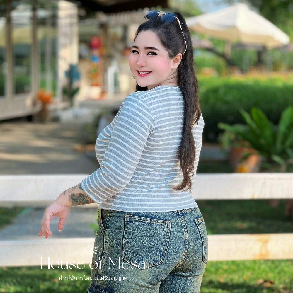 Plussize เสื้อครอปคอเหลี่ยมลายริ้ว เสื้อสาวอวบ อก 38-52นิ้ว