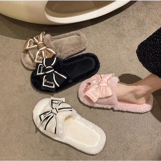 Yuki🎀SH-1-30 รองเท้าสลิปเปอร์ รองเท้าแตะใส่ในบ้าน ขนนุ่ม แต่งโบว์ใหญ่น่ารักไฮโซ