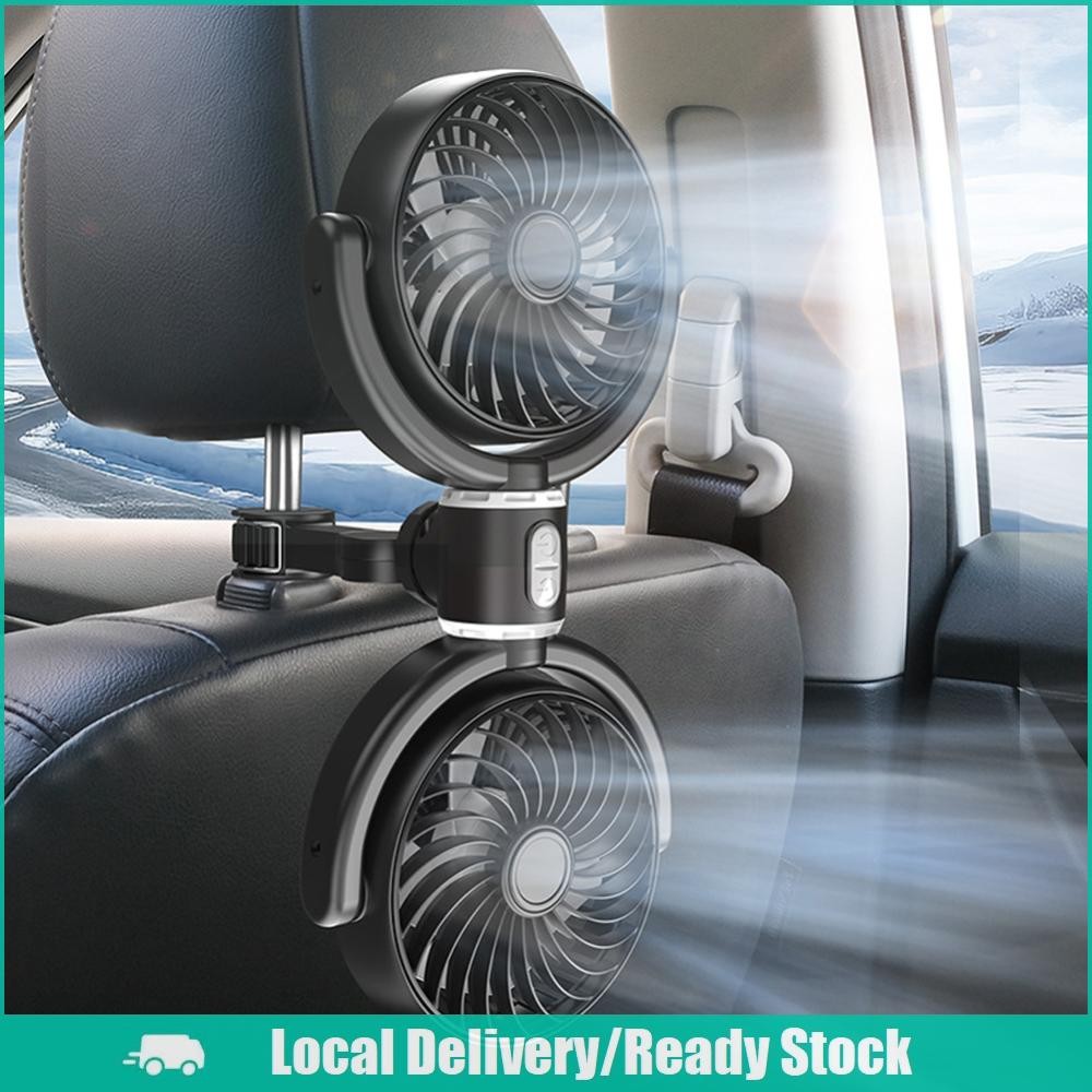 [จัดส่งในพื้นที่] 12V/24V รถที่นั่งกลับพัดลมระบายความร้อน USB ชาร์จอัตโนมัติพนักพิงศีรษะระบายอากาศพัดลมสองหัวไฟฟ้ารถยนต์พัดลมระบายความร้อน 360 องศาหมุนสำห