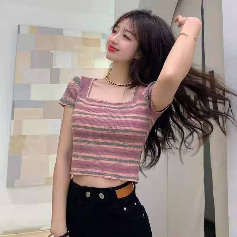 ท็อปสั้น Pure Desire สำหรับผู้หญิง รัดรูป ฤดูร้อน นิชเฉพาะ สาวฮอต คอเหลี่ยมหวาน แขนสั้นลายทาง เสื้อย