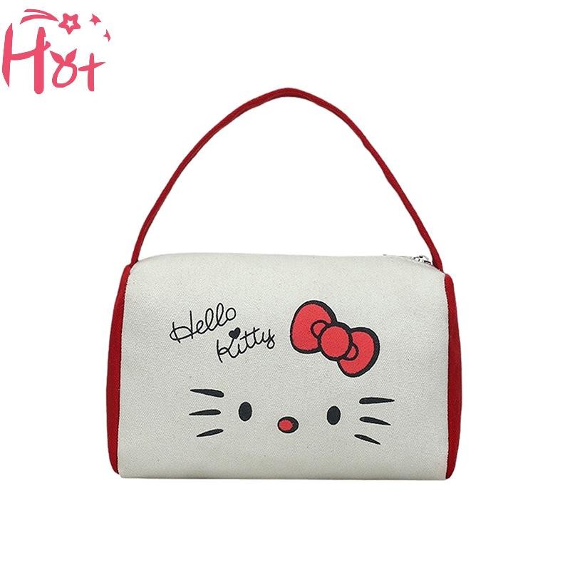 Ge อะนิเมะ Sanrio กระเป๋าถือผ้าใบ Kawaii Hello Kitty กระเป๋าแต่งหน้าการ์ตูนแบบพกพาขนาดใหญ่ความจุกระเป๋าเก็บเครื่องสําอางสาวของขวัญสแควร์