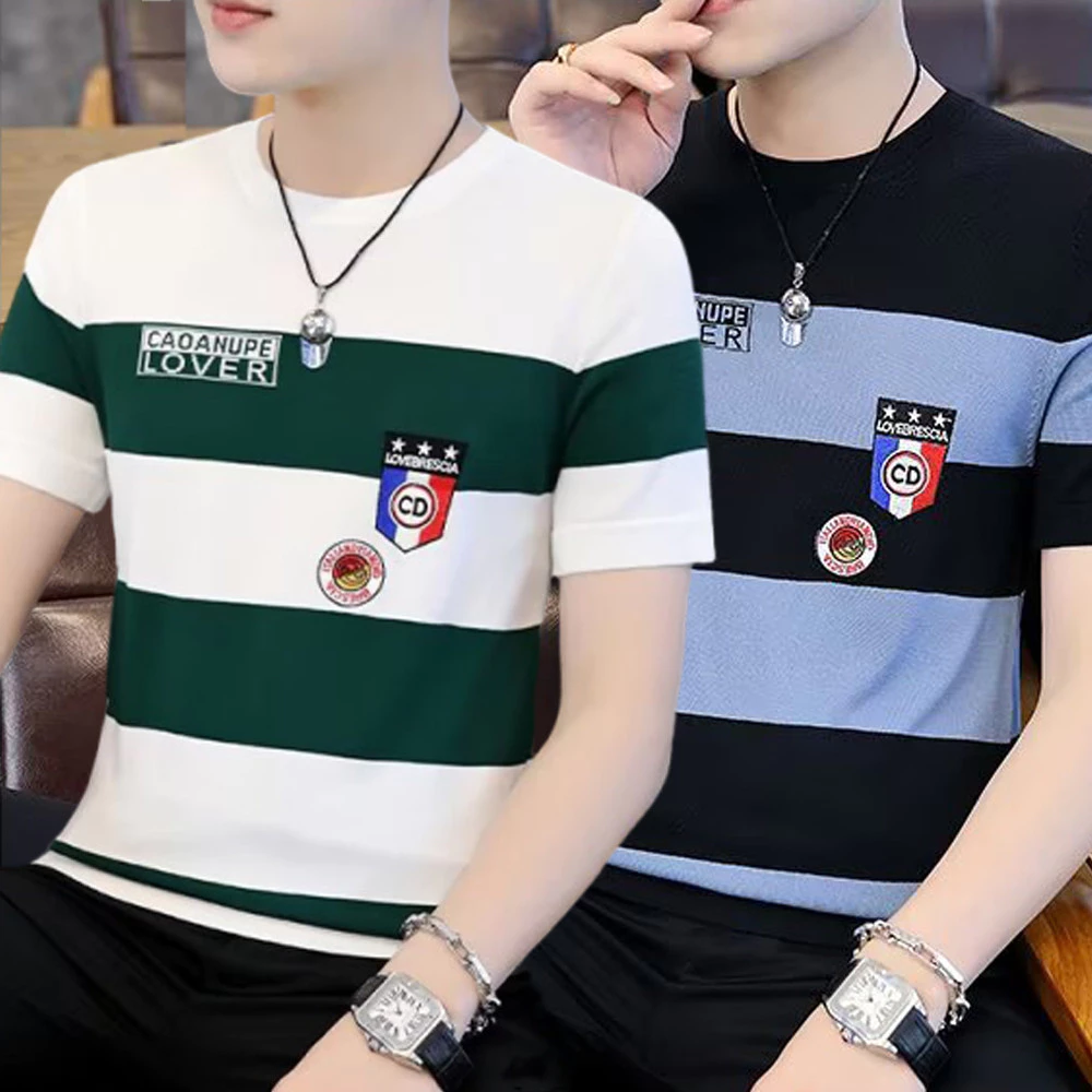 MANSTR ฤดูร้อน บวก ขนาดผู้ชายลายรอบคอเสื้อยืดแนวโน้มแขนสั้นธุรกิจ ไม่เป็นทางการ สูงสุด สีดําสีขาวสีเขียวสีฟ้า