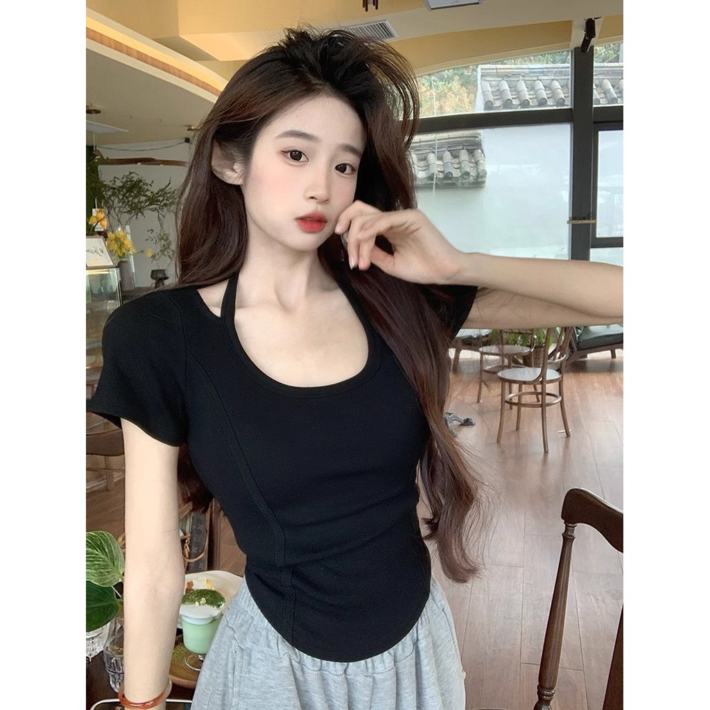 เสื้อครอป ยืด สาวอวบ แฟชั่น น่ารัก รัดรูป ทํางาน ไปทะเล แซ่บๆ เกาหลี เสื้อสีดํา – โปรปัง