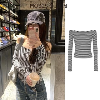 < MOSESQUEEN > Vintage คลาสสิกลาย Slim เสื้อยืดแขนยาวผู้หญิงฤดูใบไม้ร่วงและฤดูหนาว Ins เซ็กซี่ปิดไหล่อเนกประสงค์อารมณ์ด้านบน #62802