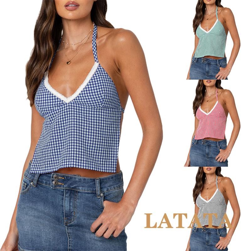 Lata-เสื้อชั้นในสตรีลายสก๊อตเปิดหลัง Lacing Terry Trim แขนกุด Sweetheart คอ Slim Fit Crop Tank Tops