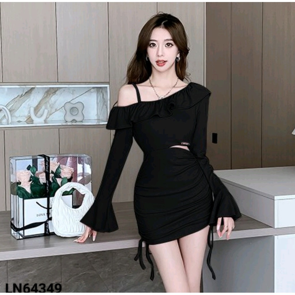 เดรสรัดรูป งานพรอม แขนยาว เกาหลี คุณหนู สาวอวบ ปาดไหล่ ชุดเดรสดํา summer black dress