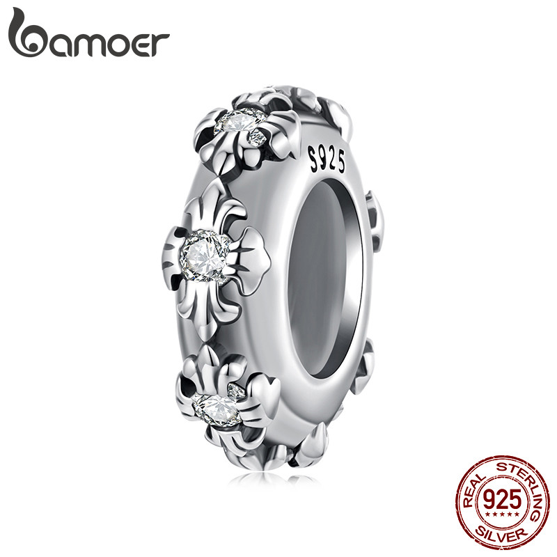 Bamoer เครื่องประดับเงินแท้ 925 Vintage Cross ซิลิโคน Spacer จี้ลูกปัดสร้อยข้อมืออุปกรณ์เสริมคอลเลกชัน
