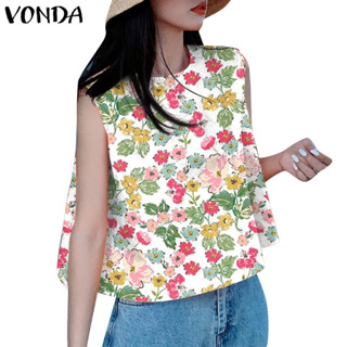 Vonda ผู้หญิงวันหยุดเกาหลี Casual คอกลมพิมพ์ลายดอกไม้แขนกุด
