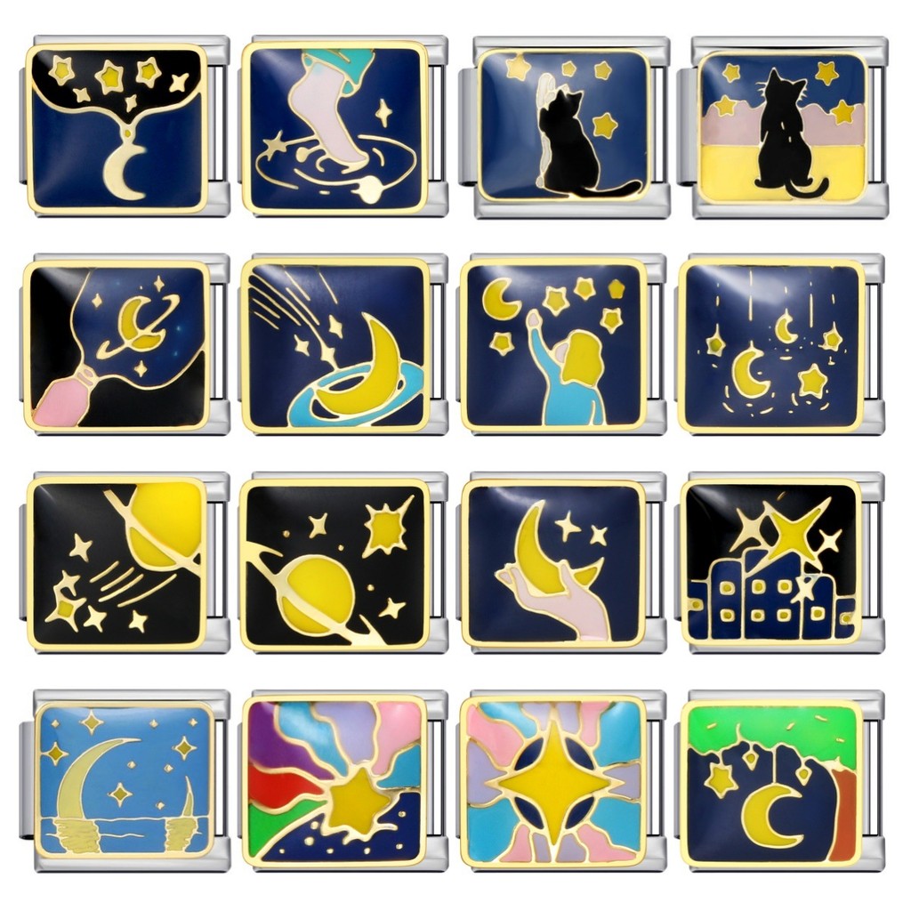Night Sky Star Moon Series สร้อยข้อมือแบบแยกส่วนอิตาลีสแตนเลสเชื่อมรูปแบบ DIY สร้อยข้อมือยืดหยุ่นอุปกรณ์เสริม