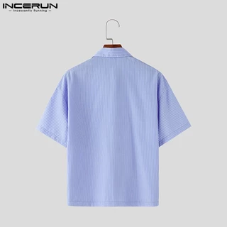 INCERUN เสื้อเชิ้ตพิมพ์ลายลายทางลําลองสไตล์เกาหลีสําหรับผู้ชาย (เนคไทไม่มี)