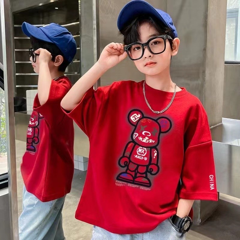 เด็กแขนสั้นผ้าฝ้ายแขนสั้นเสื้อยืดคอกลมหมีเย็บปักถักร้อยสไตล์เกาหลีเด็กชายฤดูร้อนแฟชั่นเด็กชายเสื้อยืดสีแดง