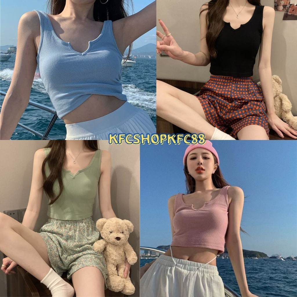 🌟KFC🌟 เสื้อครอปแต่งเว้าคอ มีฟองน้ำ แขนกุด สีพื้น ใส่สบาย #H19