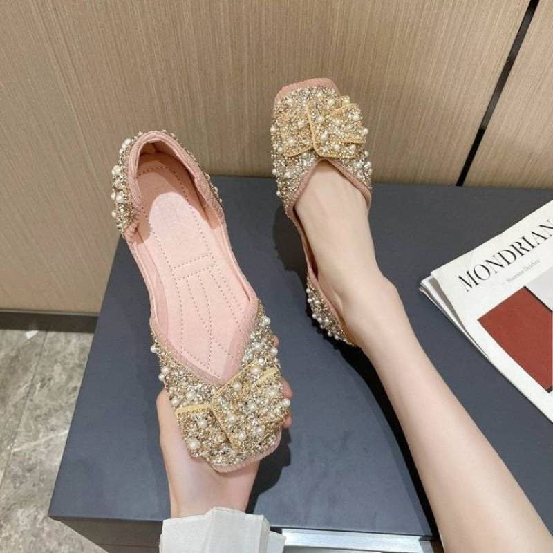 สุภาพสตรีรองเท้าเดี่ยว Rhinestone  สแควร์หัวนุ่ม แต่เพียงผู้เดียวลื่นกลวงสตรีรองเท้าเดี่ยว