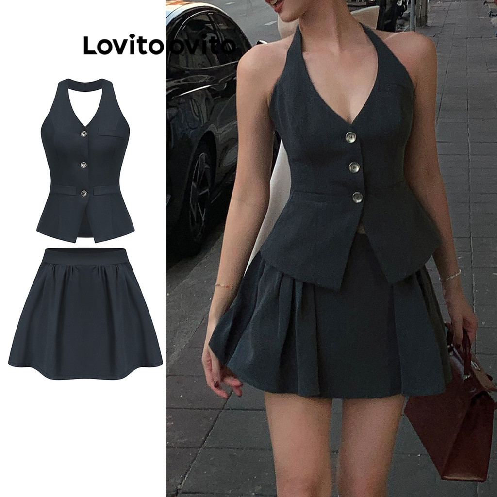 Lovito ชุดเซ็ทกระโปรงผู้หญิง มีกระดุม สีพื้น สไตล์ลำลอง L83ED164