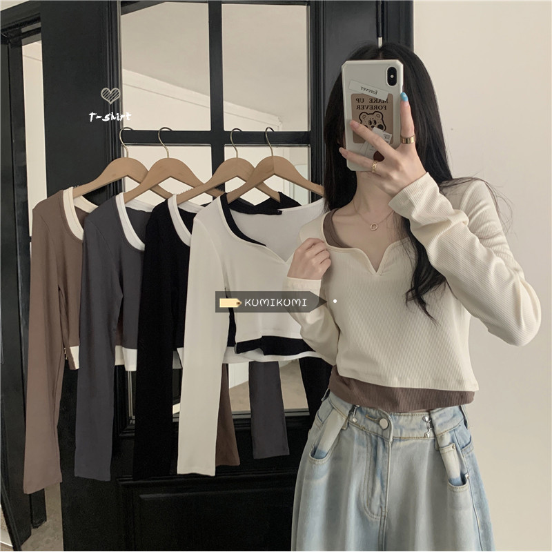 เย็บเสื้อยืดเสื้อ จุดต่ําสุด สไตล์ใหม่ฤดูใบไม้ร่วงสาวร้อนสลิมฟิต [สไตล์สั้นพร้อมสต็อกปลอมสองชิ้น] ด้านบนผู้หญิงแขนยาว