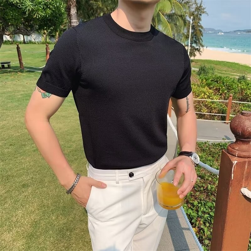 เสื้อยืดกันหนาว ผ้าเรยอนถัก ผ้าตาข่าย สไตล์เกาหลี แฟชั่นฤดูร้อน สําหรับผู้ชาย 2025