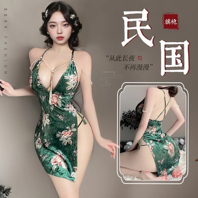 Sexy Lingerie Print Cheongsam Cosplay Play Costumes Anime Deep V Backless Design Porn