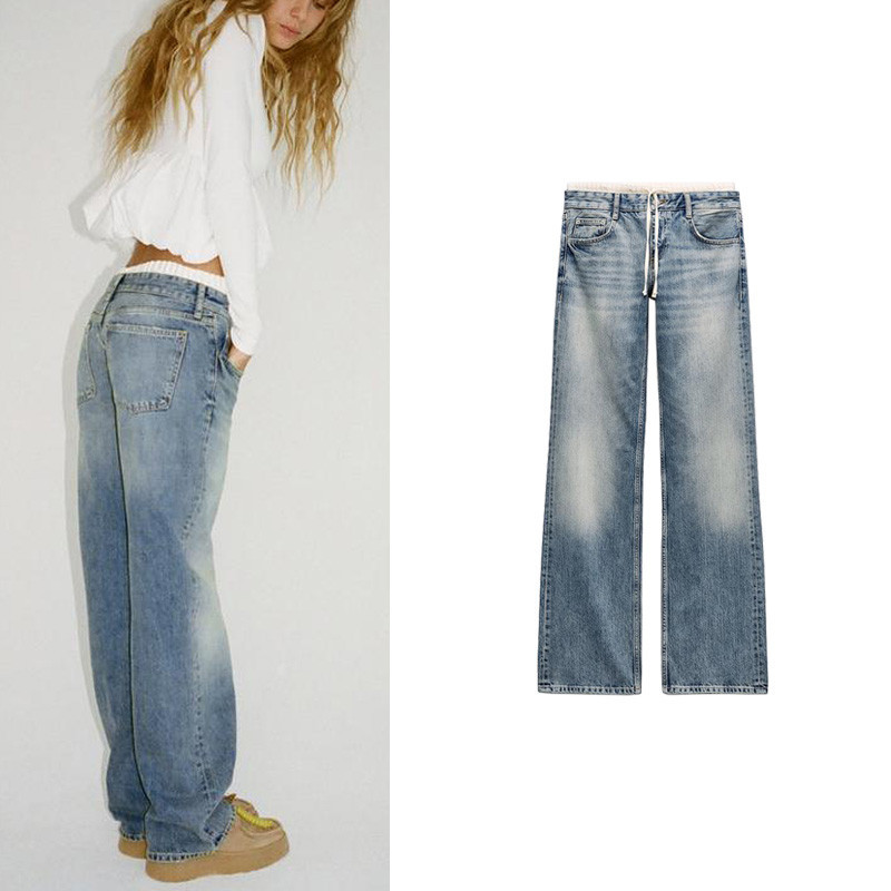 Zara กางเกงขากว้าง เอวยางยืด ปักลายลูกไม้ 6045049